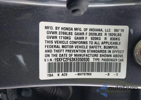 2019 Honda Civic Lx from USA, damaged, VIN 19XFC2F63KE050930